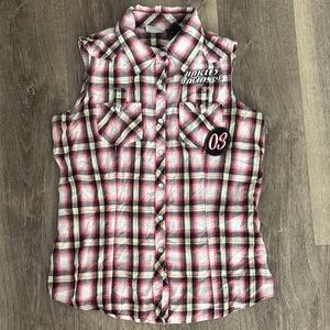 Harley-Davidson Sleeveless Plaid Button-Up Shirt Patch Detail small